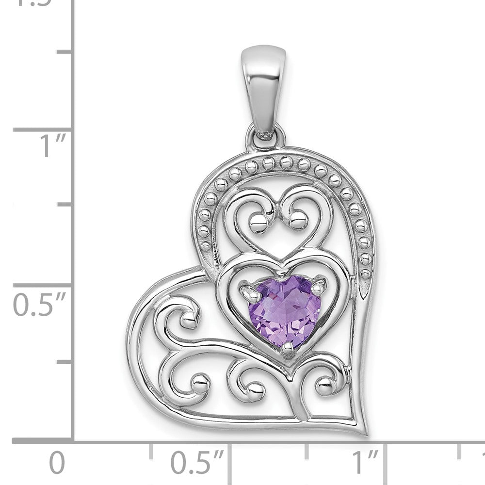 Sterling Silver Rh-Pltd Polished and Beaded Amethyst Open Heart Pendant