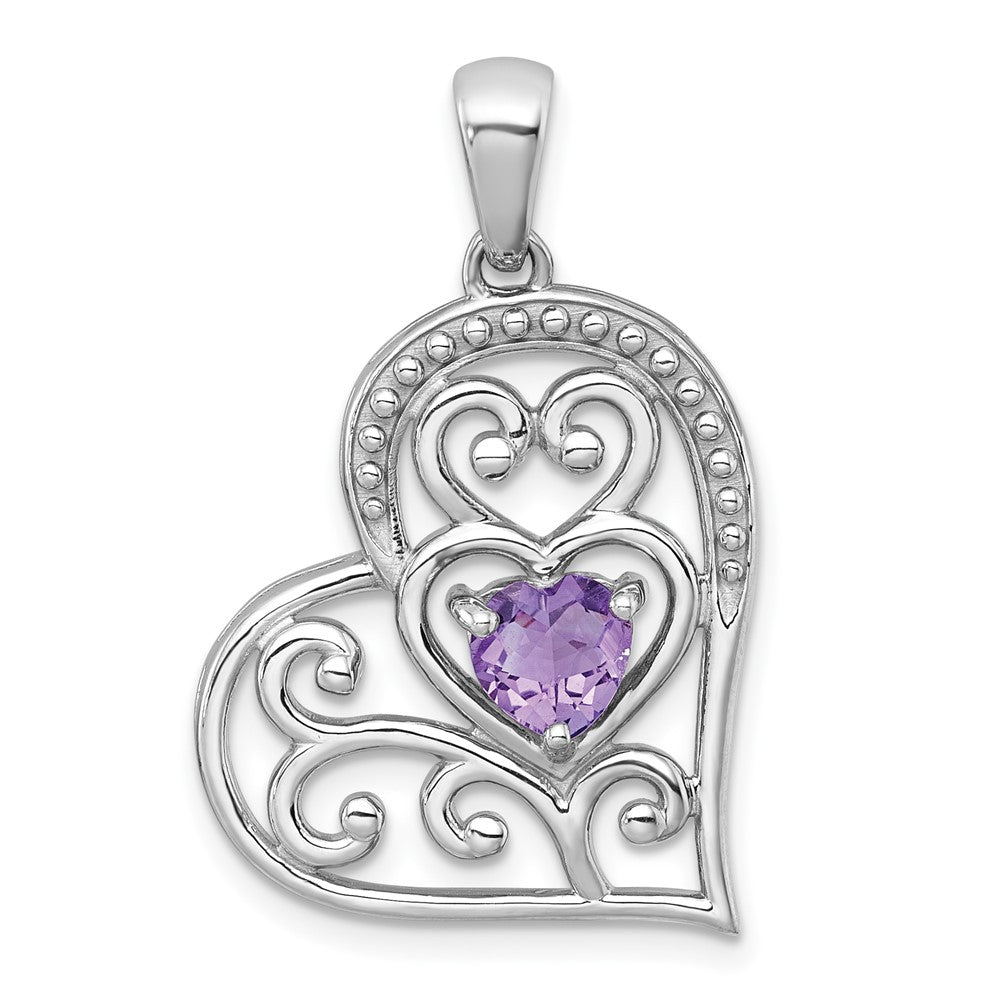 Sterling Silver Rh-Pltd Polished and Beaded Amethyst Open Heart Pendant