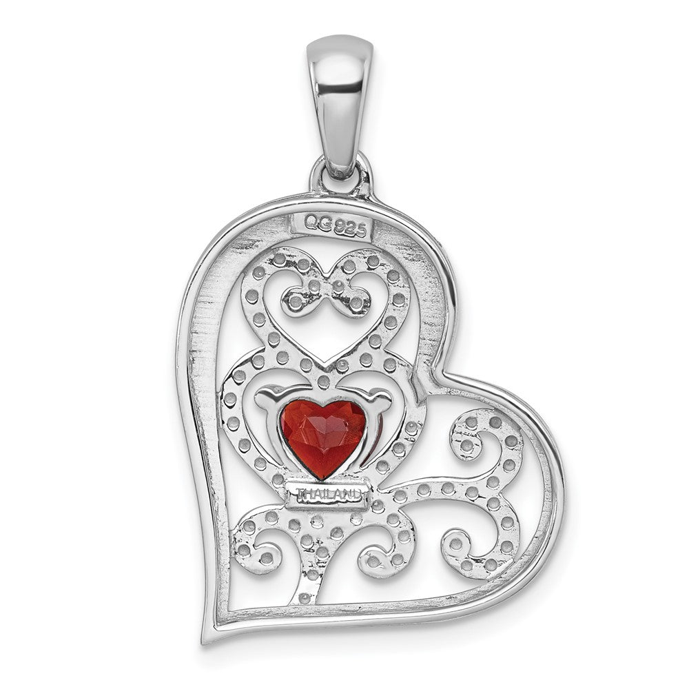 Sterling Silver Rh-Pltd Polished and Beaded Garnet Open Heart Pendant