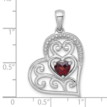 Sterling Silver Rh-Pltd Polished and Beaded Garnet Open Heart Pendant