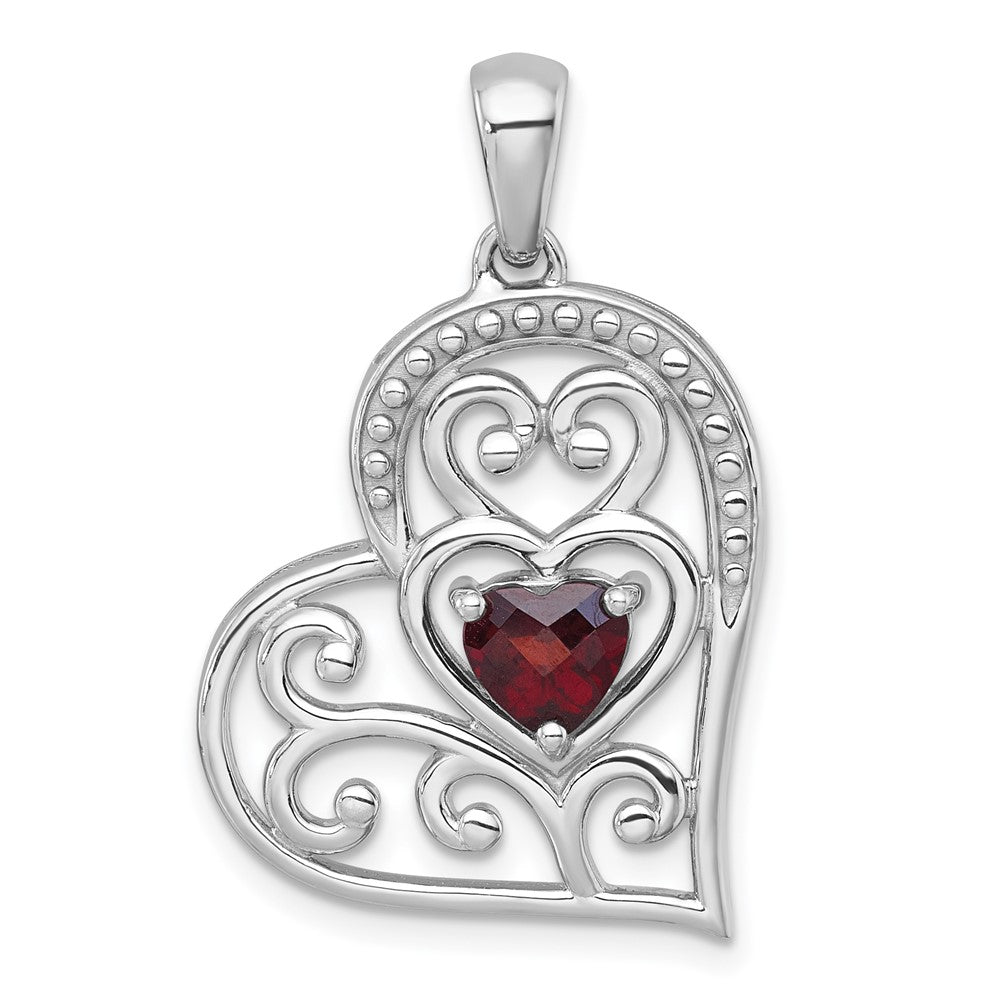 Sterling Silver Rh-Pltd Polished and Beaded Garnet Open Heart Pendant