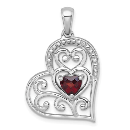 Sterling Silver Rh-Pltd Polished and Beaded Garnet Open Heart Pendant