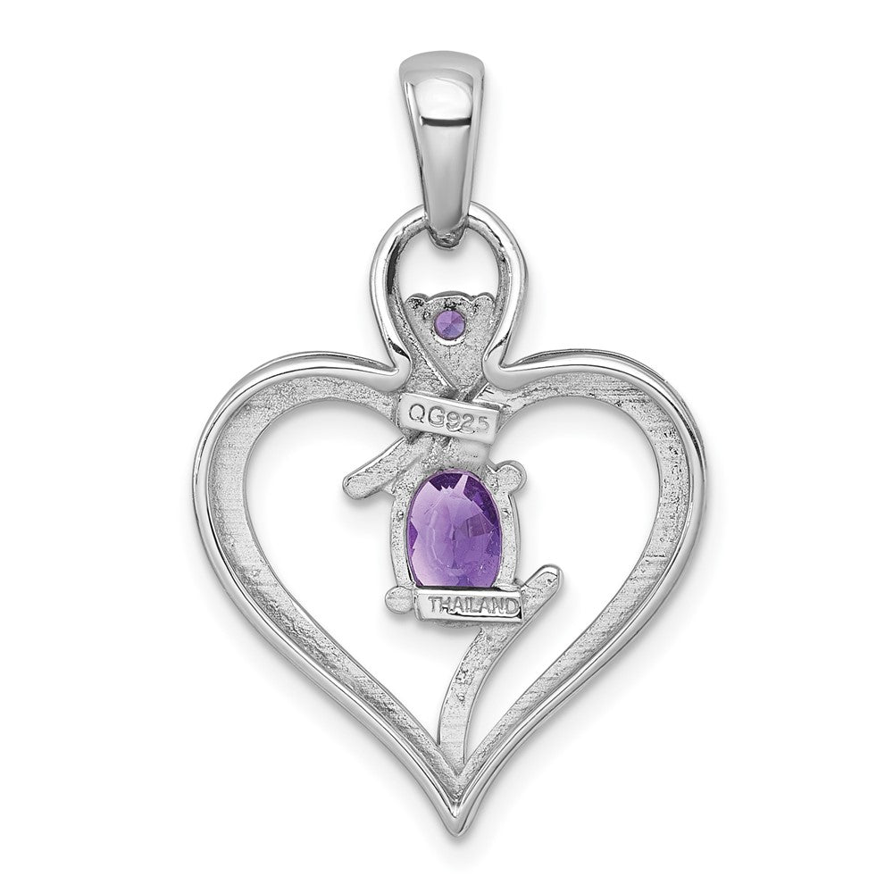 Sterling Silver Rhodium Plated Polished Amethyst Open Heart Pendant