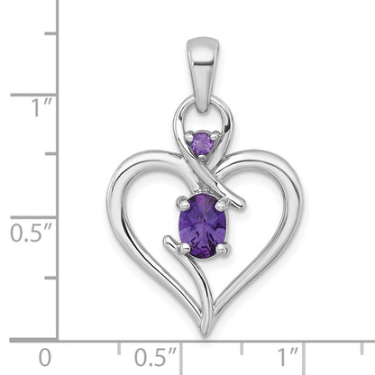 Sterling Silver Rhodium Plated Polished Amethyst Open Heart Pendant