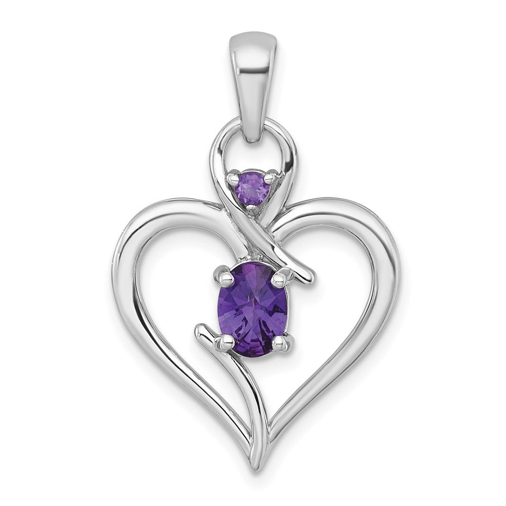 Sterling Silver Rhodium Plated Polished Amethyst Open Heart Pendant