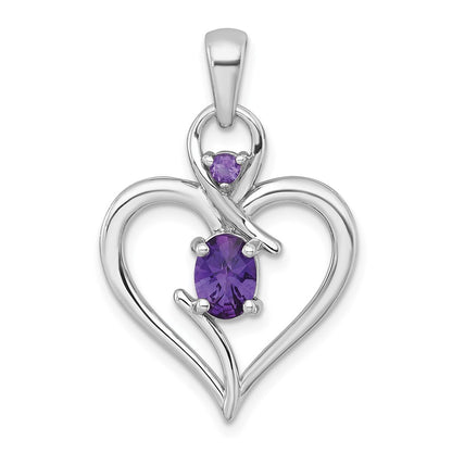 Sterling Silver Rhodium Plated Polished Amethyst Open Heart Pendant