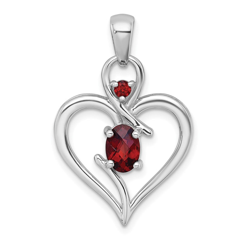 Sterling Silver Rhodium-Plated Polished Garnet Open Heart Pendant