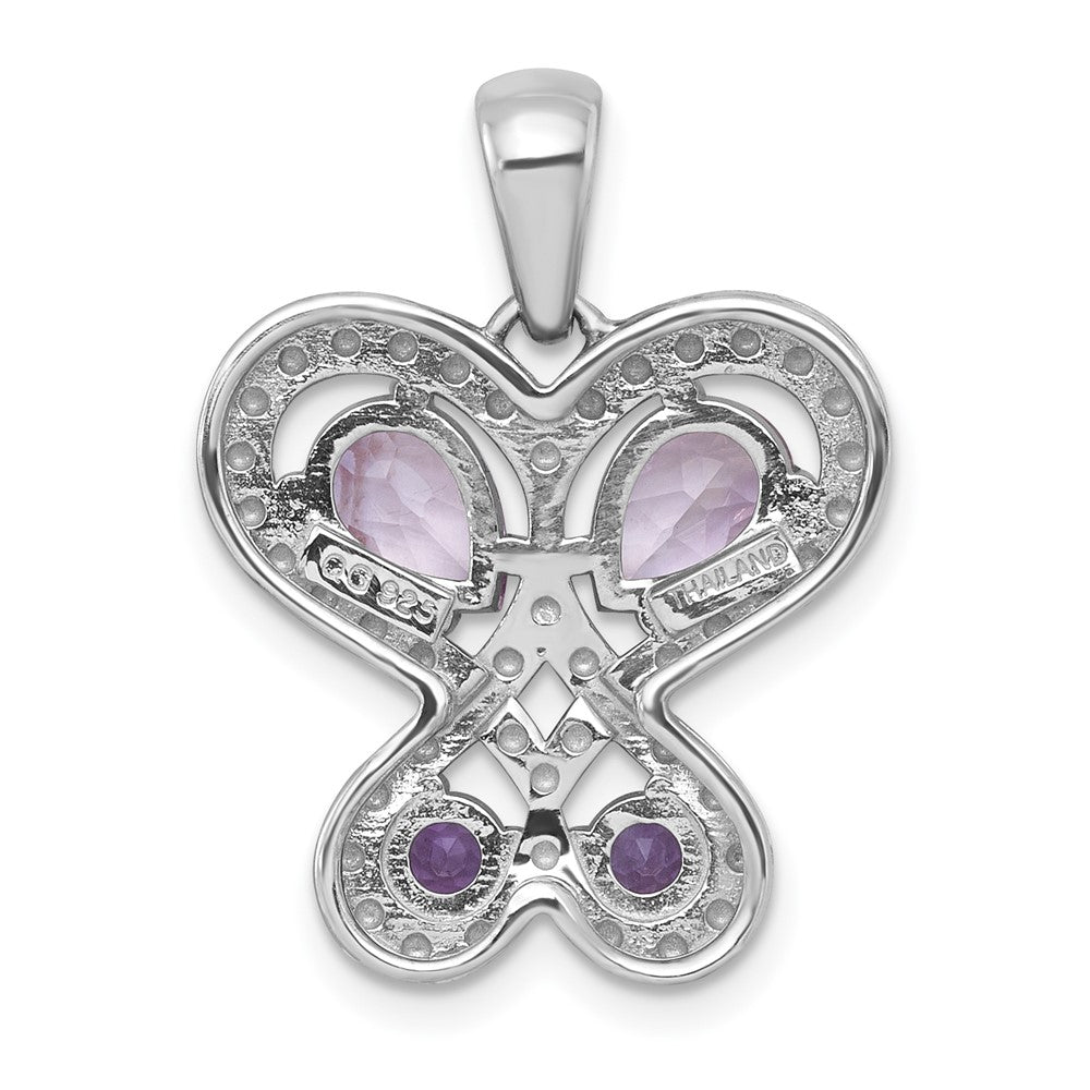 Sterling Silver Rh-Pltd Amethyst/rose De France Quartz Heart Butterfly Pendant