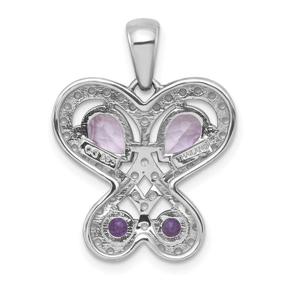 Sterling Silver Rh-Pltd Amethyst/rose De France Quartz Heart Butterfly Pendant