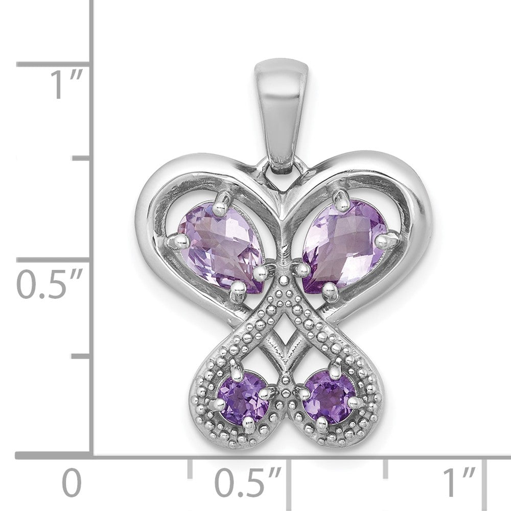Sterling Silver Rh-Pltd Amethyst/rose De France Quartz Heart Butterfly Pendant