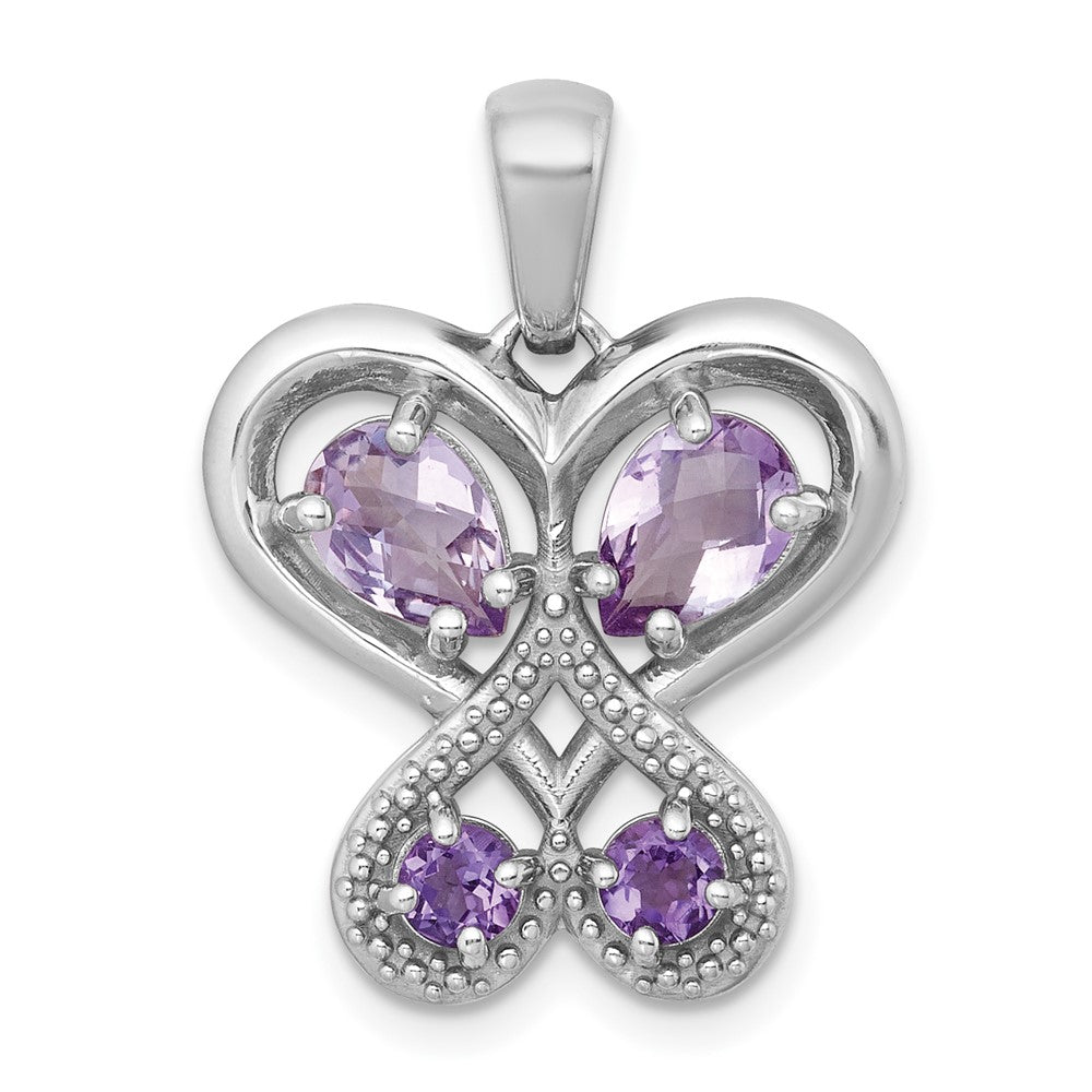 Sterling Silver Rh-Pltd Amethyst/rose De France Quartz Heart Butterfly Pendant