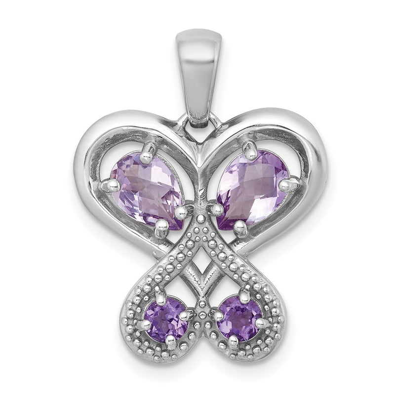 Sterling Silver Rh-Pltd Amethyst/rose De France Quartz Heart Butterfly Pendant