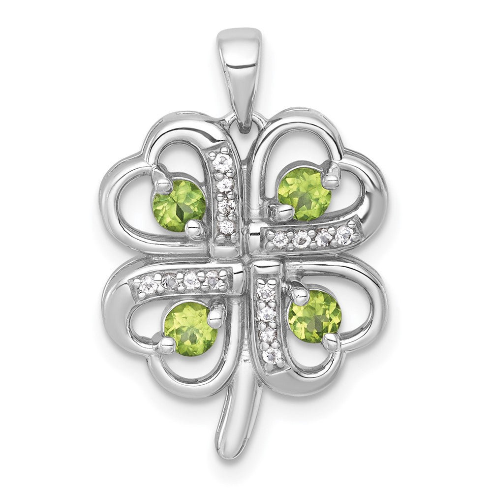 Sterling Silver Rhodium Plated Polished Peridot and White Topaz Clover Pendant