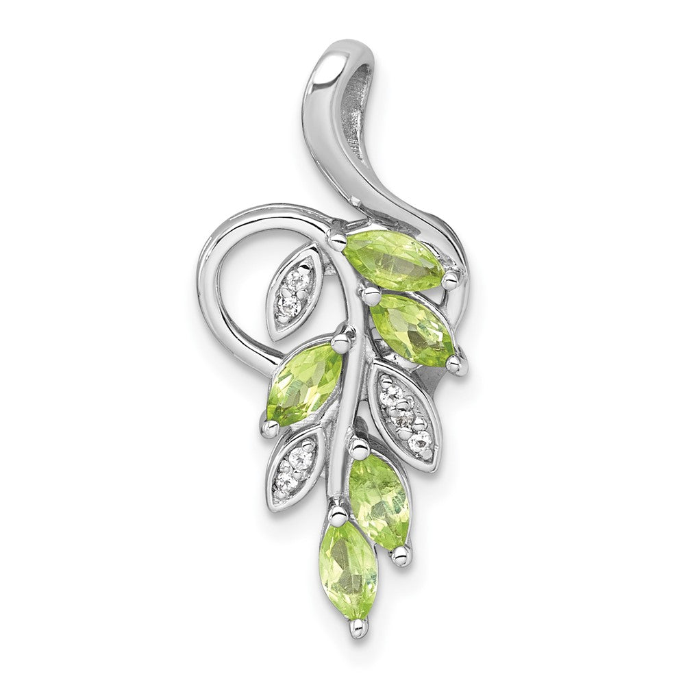 Sterling Silver Rhodium Plated Polished Peridot and White Topaz Leaf Chain Slide
