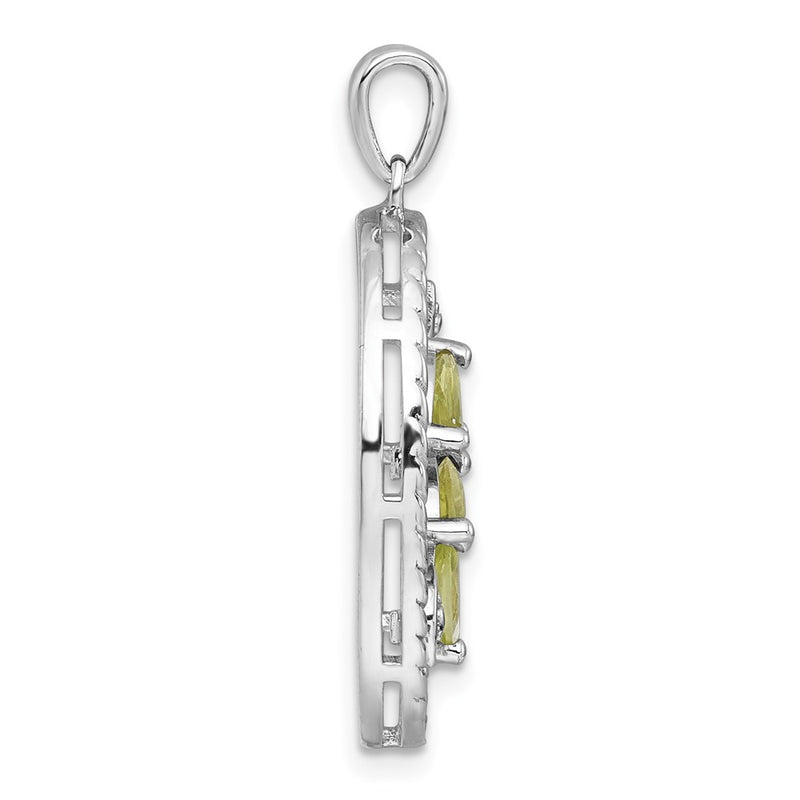 Sterling Silver Rhodium Plated Polished and Twisted Peridot Leaf Oval Pendant