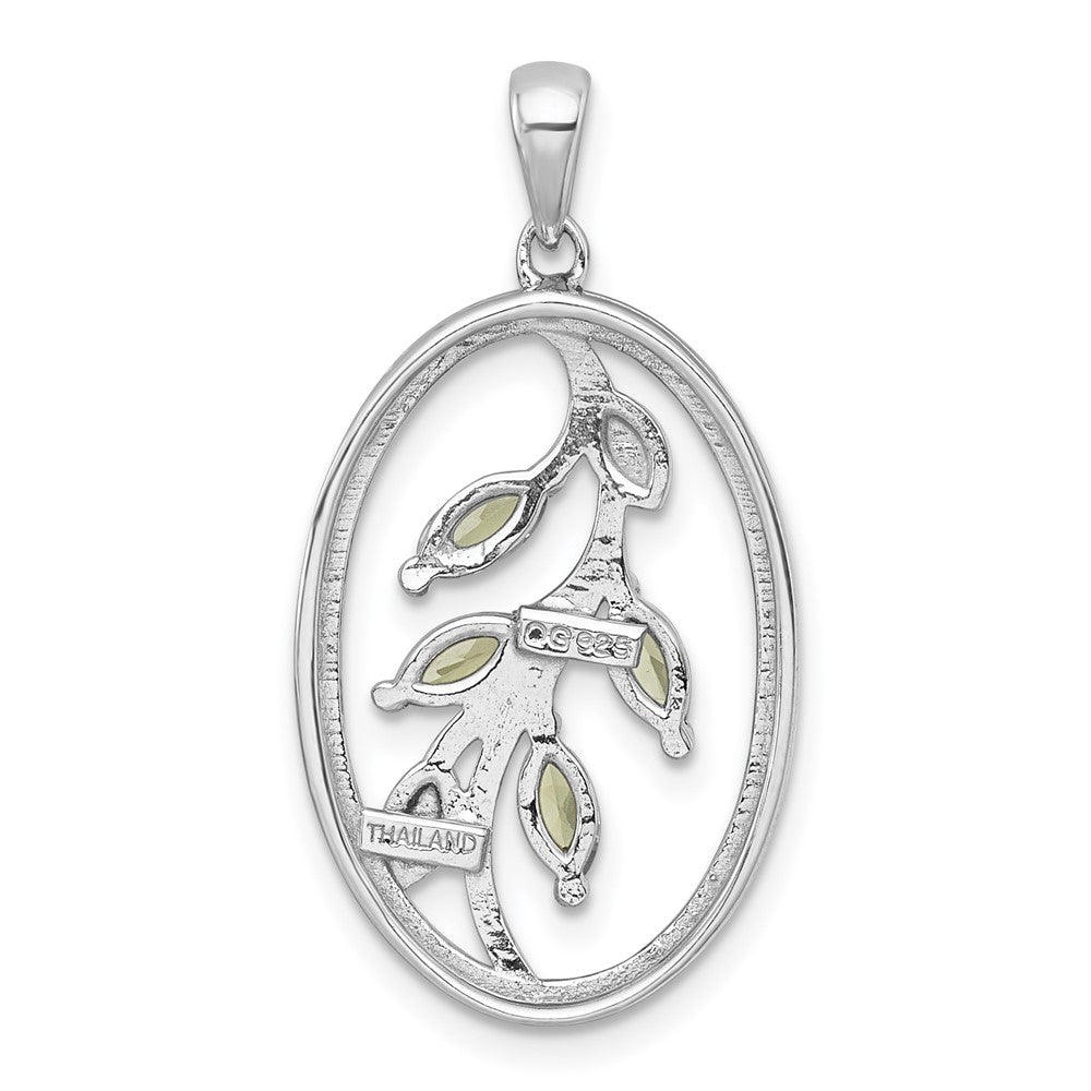 Sterling Silver Rhodium Plated Polished and Twisted Peridot Leaf Oval Pendant
