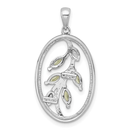 Sterling Silver Rhodium Plated Polished and Twisted Peridot Leaf Oval Pendant