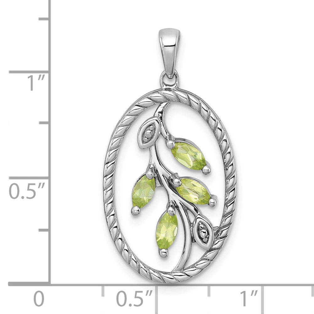 Sterling Silver Rhodium Plated Polished and Twisted Peridot Leaf Oval Pendant