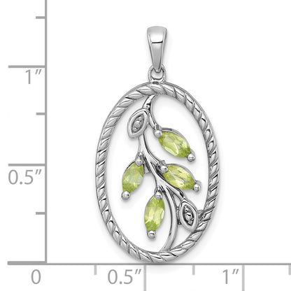 Sterling Silver Rhodium Plated Polished and Twisted Peridot Leaf Oval Pendant