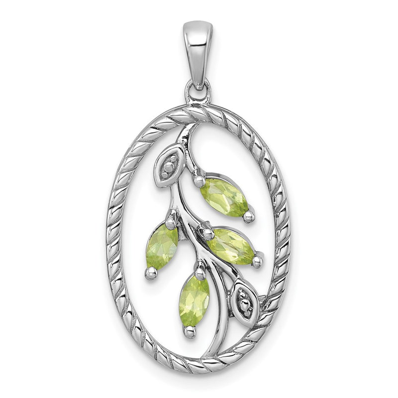 Sterling Silver Rhodium Plated Polished and Twisted Peridot Leaf Oval Pendant