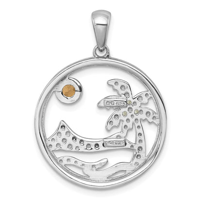 Sterling Silver Rh-Pltd Polished & Grooved Citrine/peridot Beach Scene Pendant