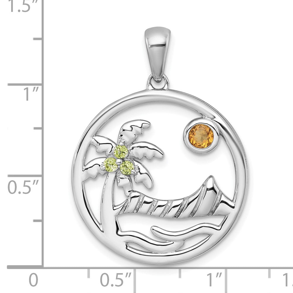 Sterling Silver Rh-Pltd Polished & Grooved Citrine/peridot Beach Scene Pendant