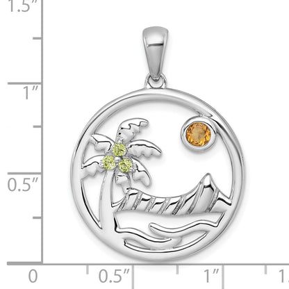 Sterling Silver Rh-Pltd Polished & Grooved Citrine/peridot Beach Scene Pendant