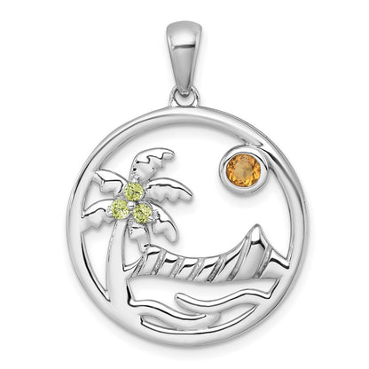 Sterling Silver Rh-Pltd Polished & Grooved Citrine/peridot Beach Scene Pendant