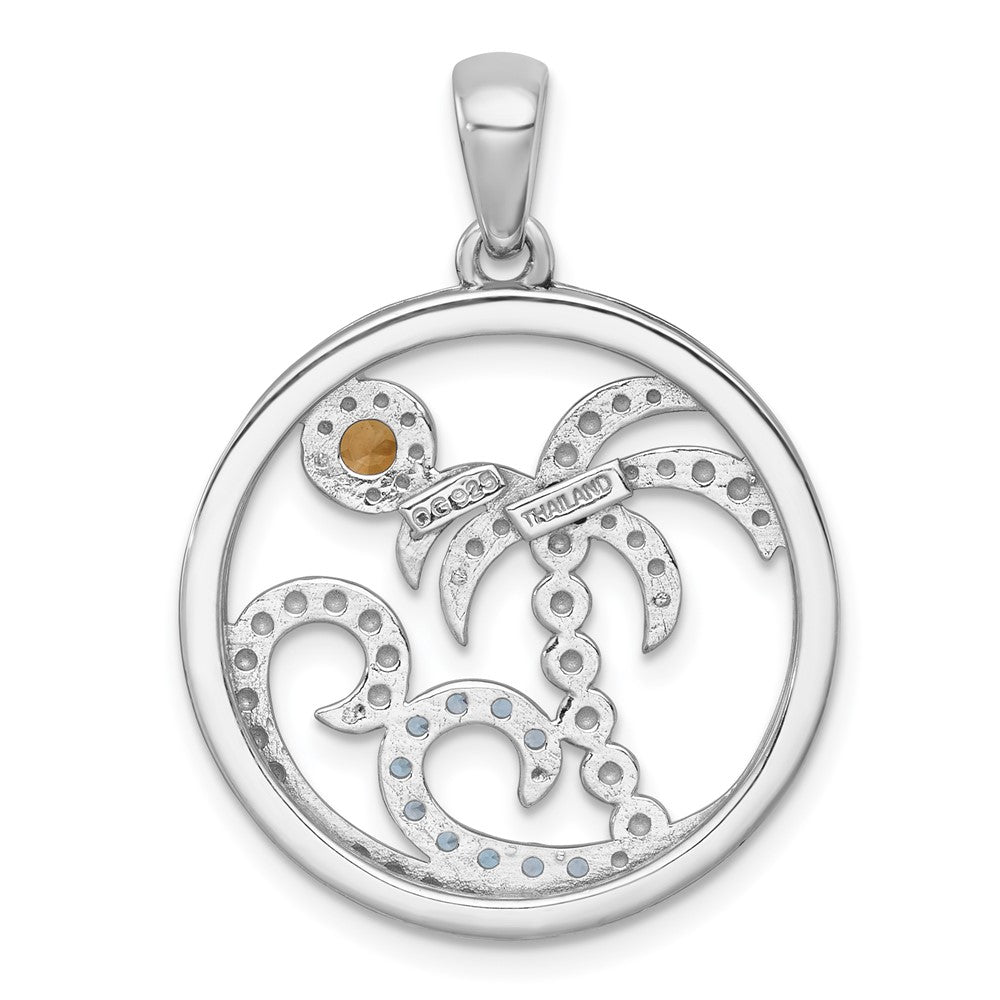 Sterling Silver Rh-Pltd Polished and Beaded Citrine/lsbt Beach Scene Pendant