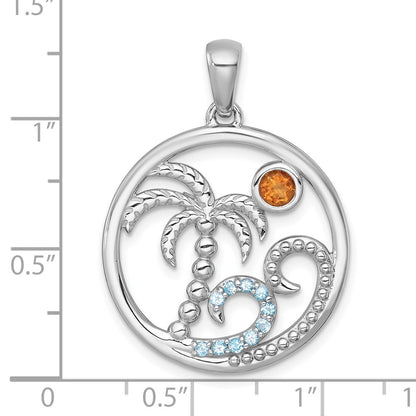 Sterling Silver Rh-Pltd Polished and Beaded Citrine/lsbt Beach Scene Pendant