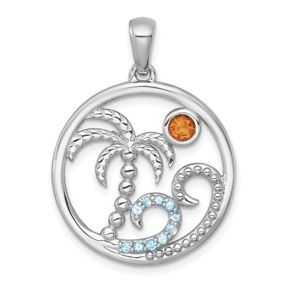 Sterling Silver Rh-Pltd Polished and Beaded Citrine/lsbt Beach Scene Pendant