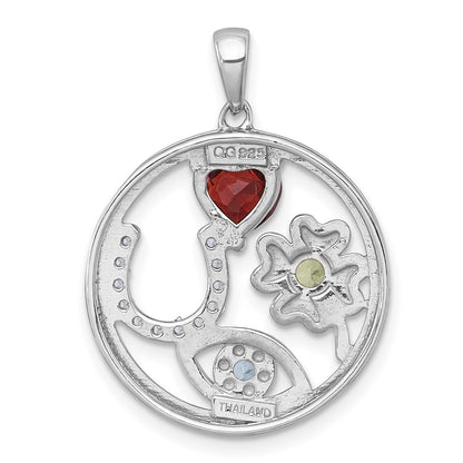Sterling Silver Rhodium Plated Polished Multi Gemstone Good Luck Pendant