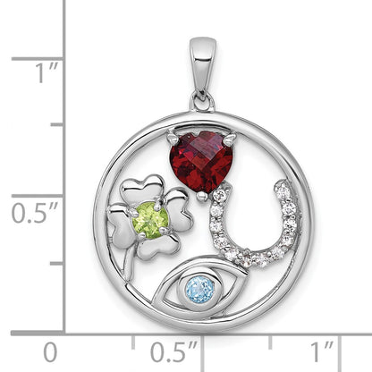 Sterling Silver Rhodium Plated Polished Multi Gemstone Good Luck Pendant