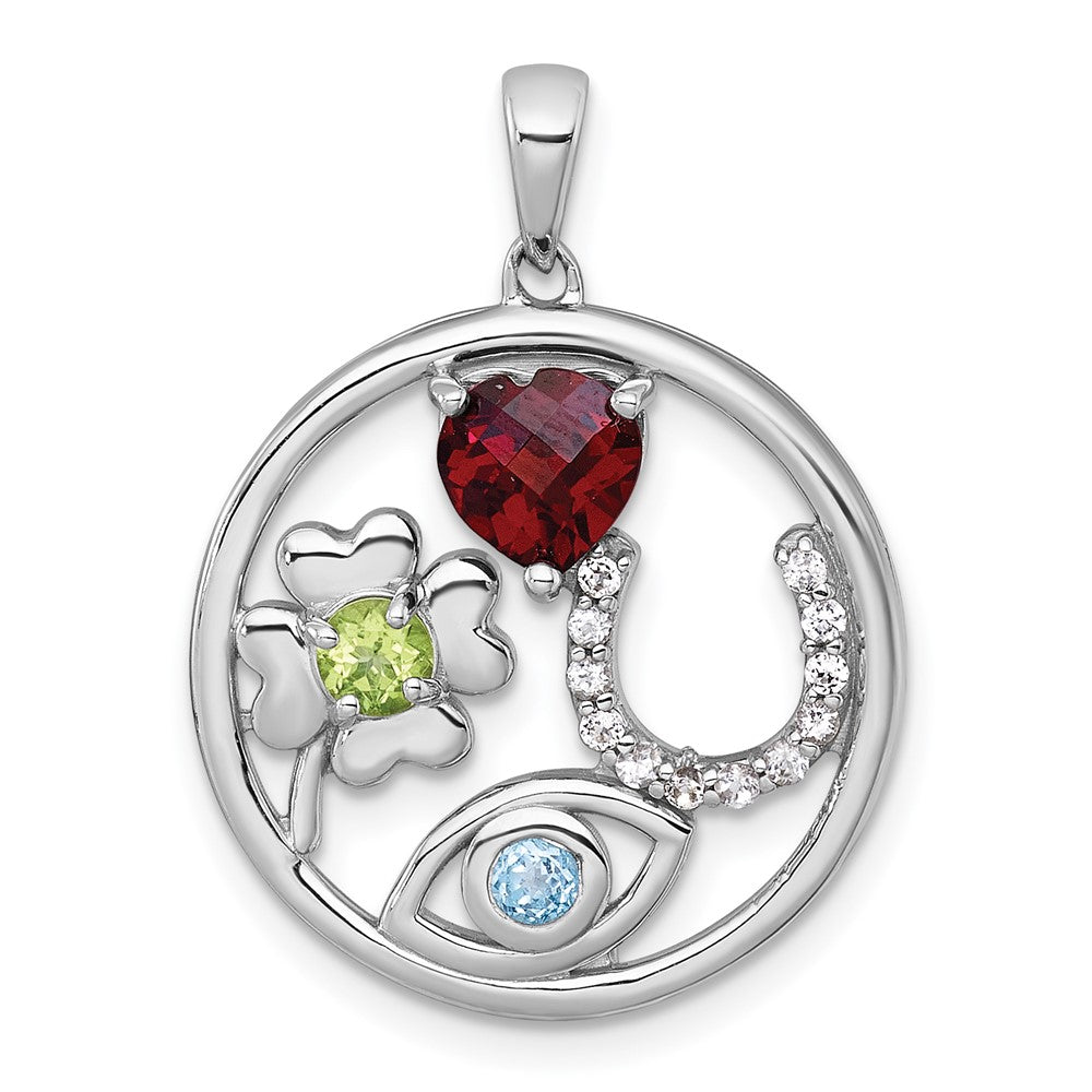 Sterling Silver Rhodium Plated Polished Multi Gemstone Good Luck Pendant