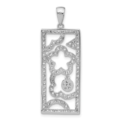 Sterling Silver Polished Cz Floral Rectangle Pendant