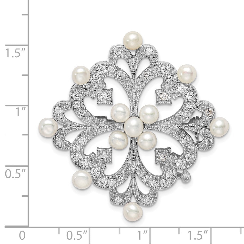 Sterling Silver Rhodium-Plated Cz And Freshwater Cultured Pearls Vintage Style Pin Brooch