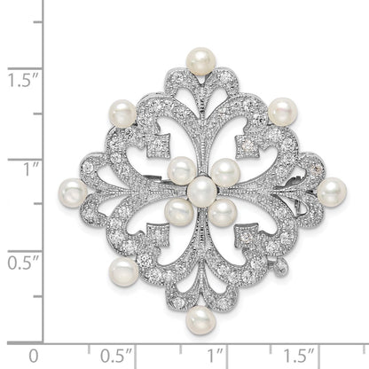 Sterling Silver Rhodium-Plated Cz And Freshwater Cultured Pearls Vintage Style Pin Brooch