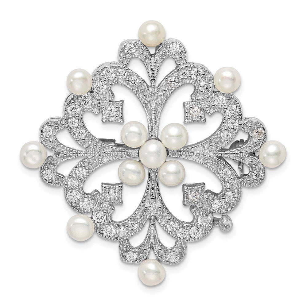 Sterling Silver Rhodium-Plated Cz And Freshwater Cultured Pearls Vintage Style Pin Brooch
