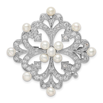 Sterling Silver Rhodium-Plated Cz And Freshwater Cultured Pearls Vintage Style Pin Brooch