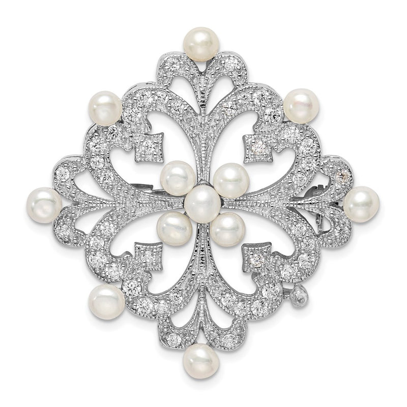 Sterling Silver Rhodium-Plated Cz And Freshwater Cultured Pearls Vintage Style Pin Brooch