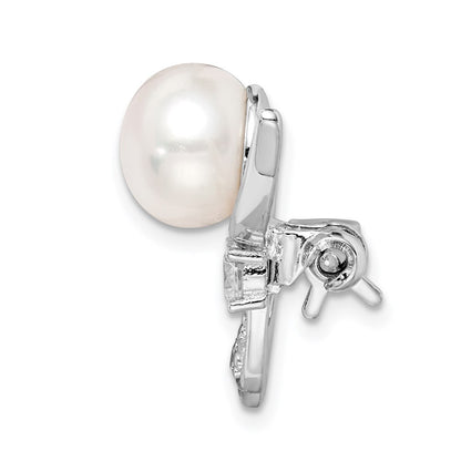 Sterling Silver Rhodium-Plated Clear Cz And White Freshwater Cultured Pearl Pin Brooch