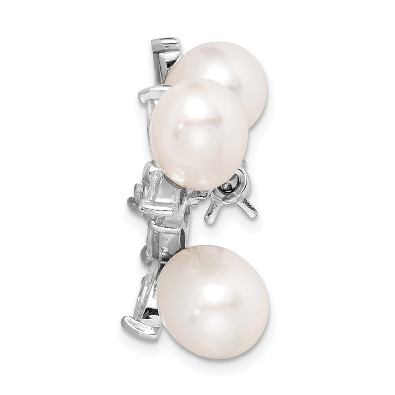 Sterling Silver Rhodium-Plated Freshwater Cultured Pearl And Cz Floral Pin Brooch