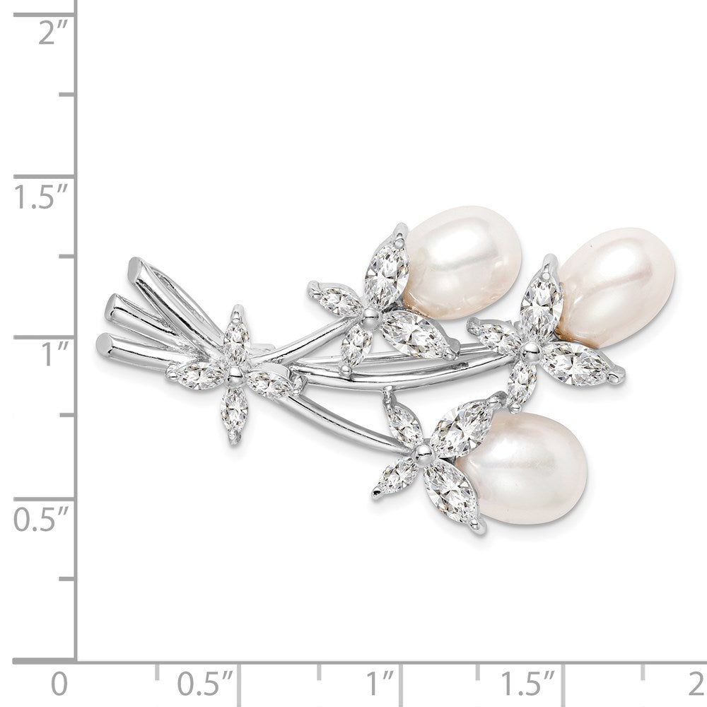 Sterling Silver Rhodium-Plated Freshwater Cultured Pearl And Cz Floral Pin Brooch