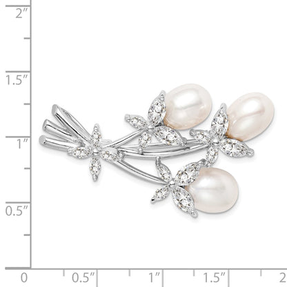 Sterling Silver Rhodium-Plated Freshwater Cultured Pearl And Cz Floral Pin Brooch