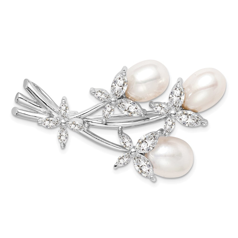 Sterling Silver Rhodium-Plated Freshwater Cultured Pearl And Cz Floral Pin Brooch