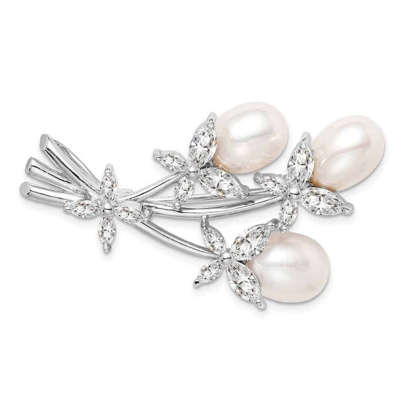Sterling Silver Rhodium-Plated Freshwater Cultured Pearl And Cz Floral Pin Brooch
