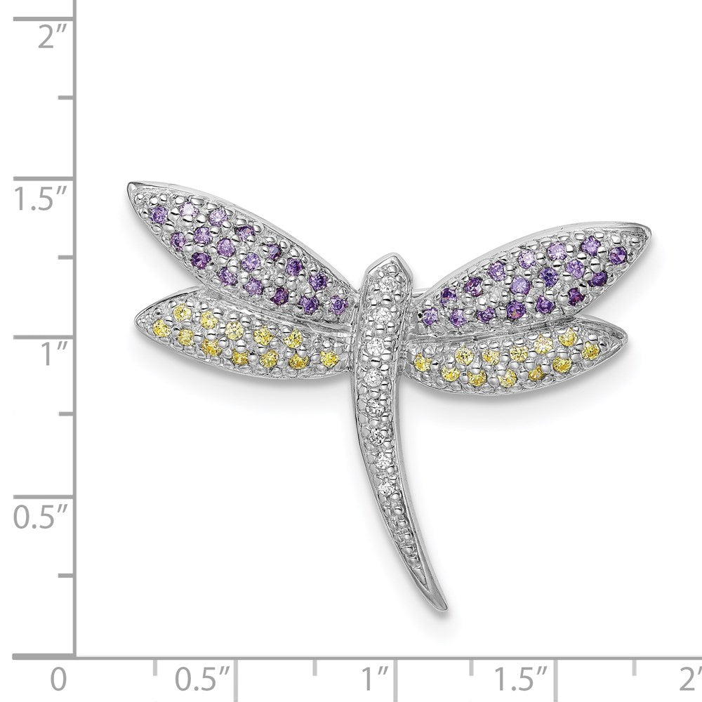 Sterling Silver Rhodium-Plated Purple, Yellow & Clear Cz Dragonfly Pin
