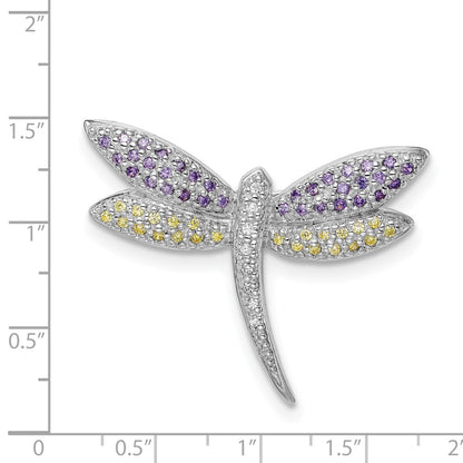 Sterling Silver Rhodium-Plated Purple, Yellow & Clear Cz Dragonfly Pin