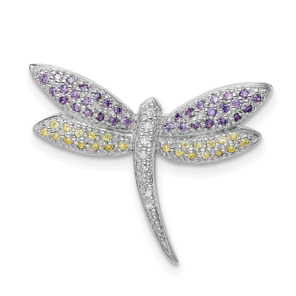 Sterling Silver Rhodium-Plated Purple, Yellow & Clear Cz Dragonfly Pin