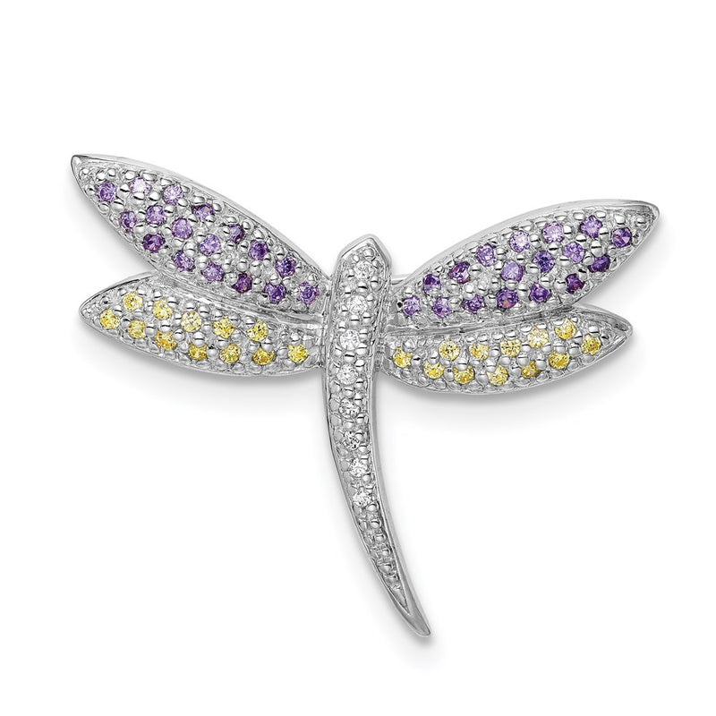 Sterling Silver Rhodium-Plated Purple, Yellow & Clear Cz Dragonfly Pin